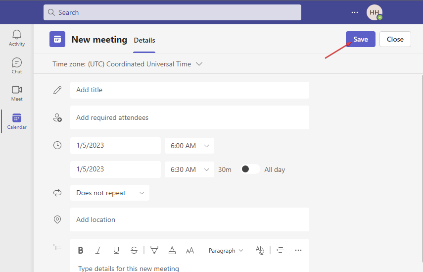 Параметры новой встречи в Teams