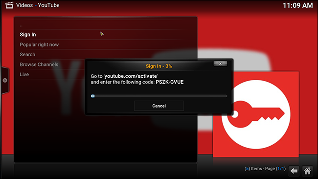 Окно активации YouTube в Kodi с 8-значным кодом