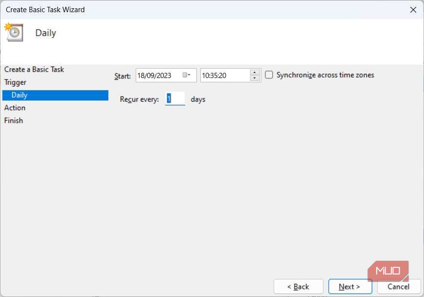 Настройка параметров ежедневного триггера