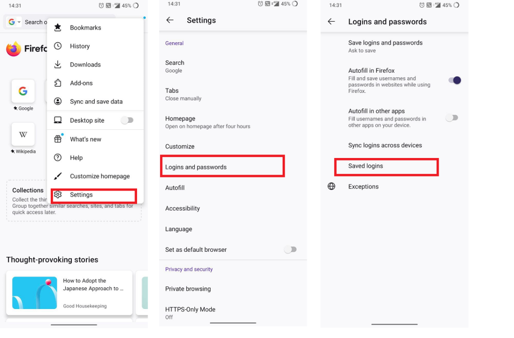Просмотр сохранённых паролей Firefox на Android