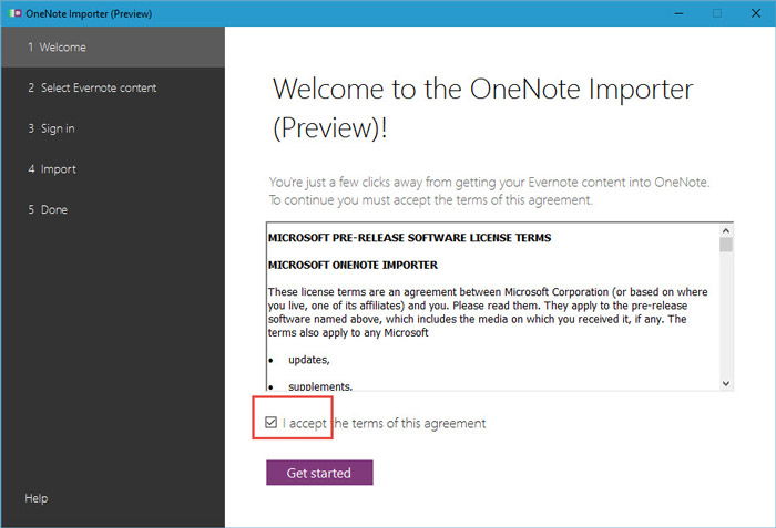 Окно приветствия установщика OneNote Importer с кнопкой 
