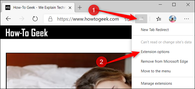 Нажмите иконку расширения, затем «Параметры расширения».