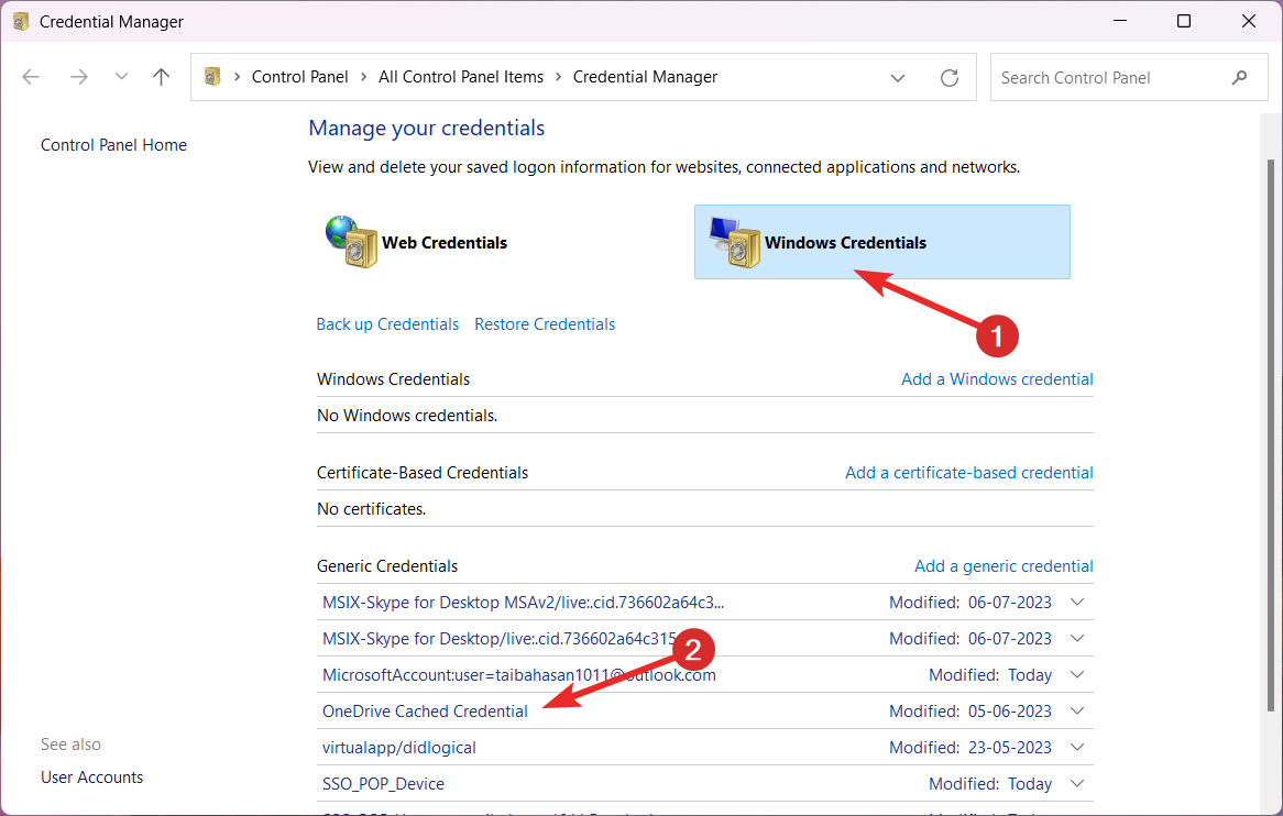 Записи учётных данных OneDrive в Credential Manager