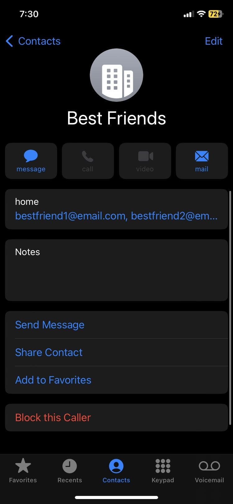 Screenshot of the contact list group card