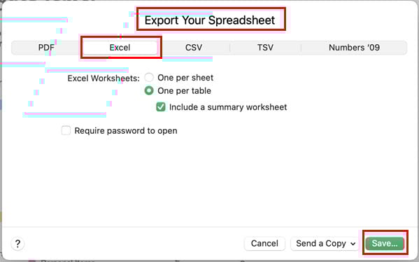 Диалог экспорта: кнопка Сохранить для Excel