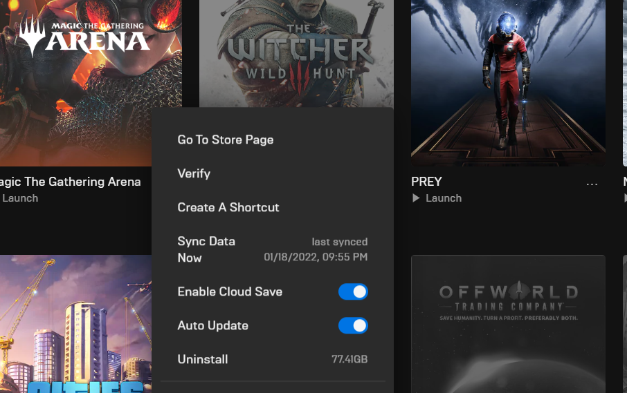 Опция Uninstall в Epic Games