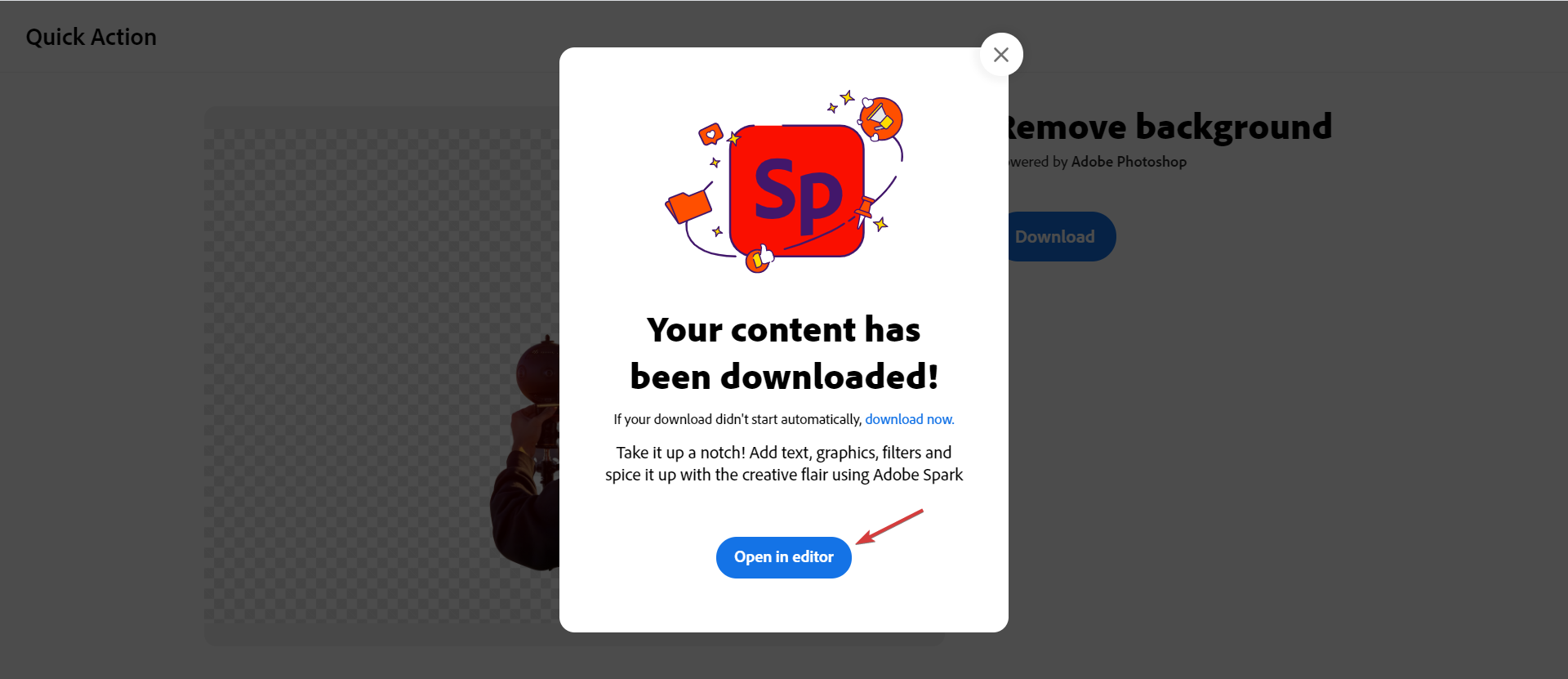 Подсказка открыть изображение в редакторе Adobe Express
