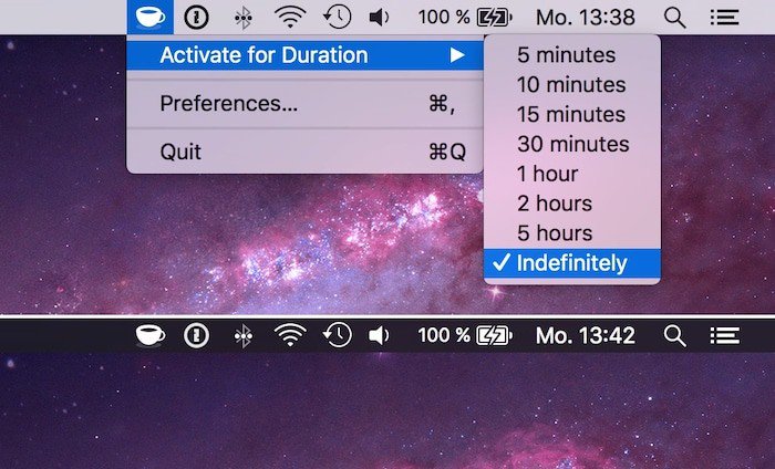 Интерфейс KeepingYouAwake — включение удержания системы от сна