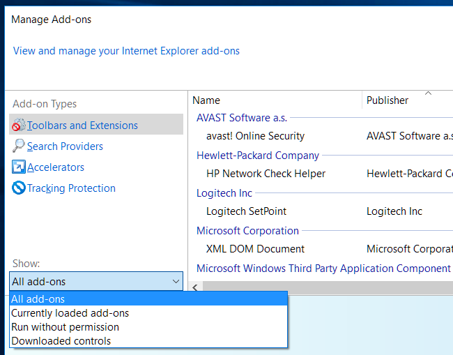 Параметры 'Панели инструментов и расширения' в Internet Explorer