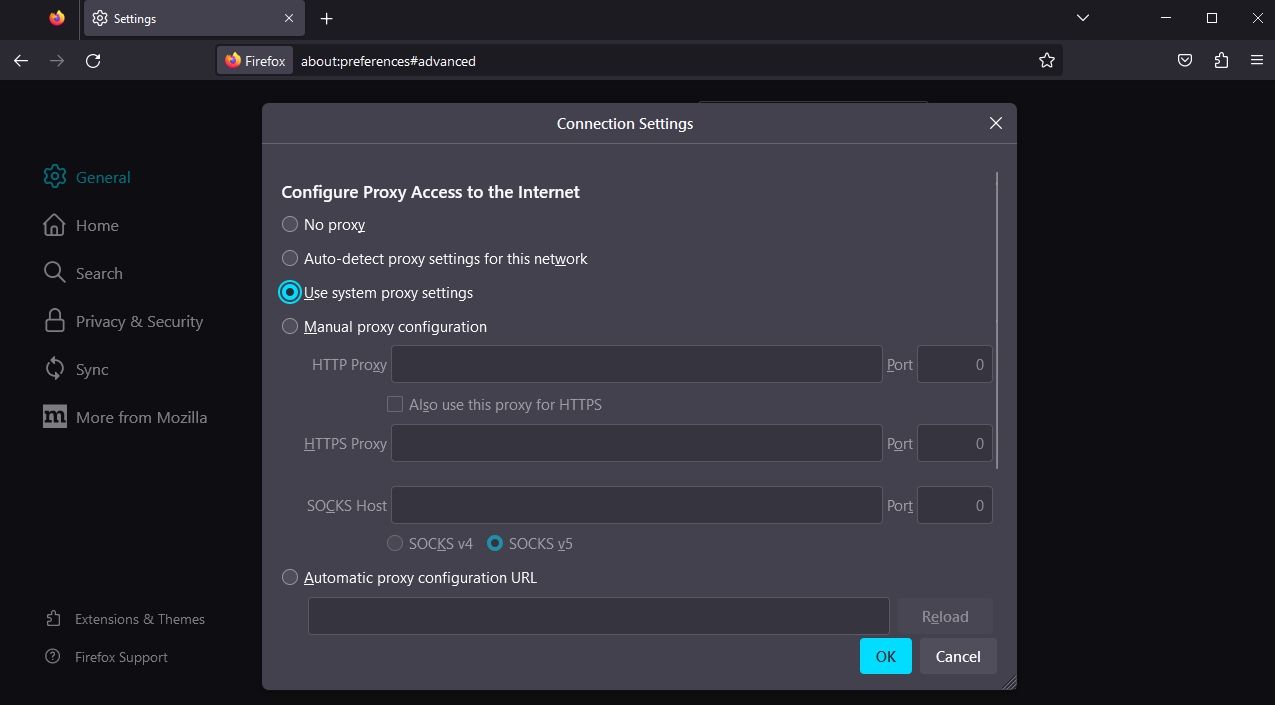 Раздел настроек подключения в Firefox