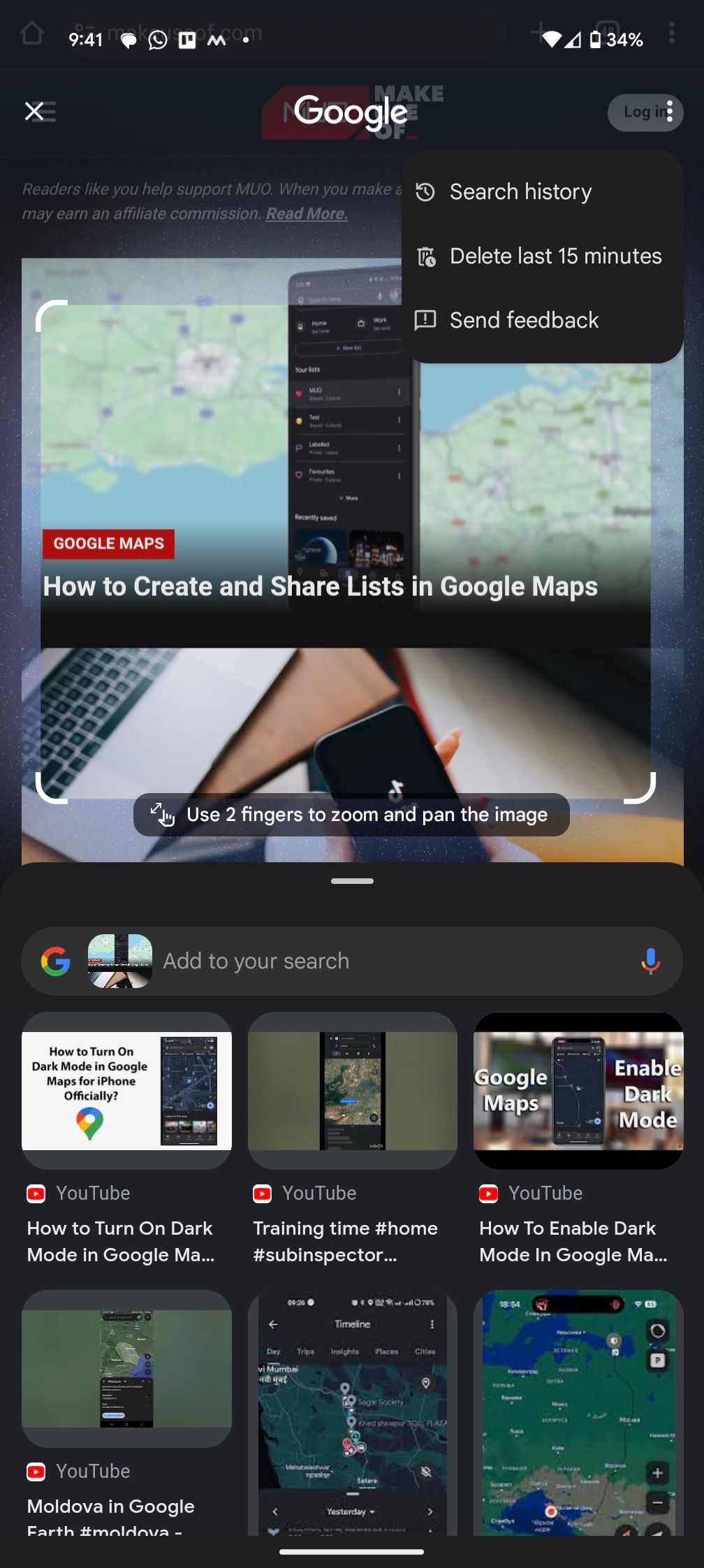 Меню настроек Circle to Search