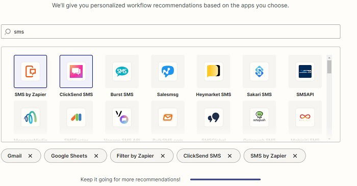 Выбор приложения SMS в Zapier