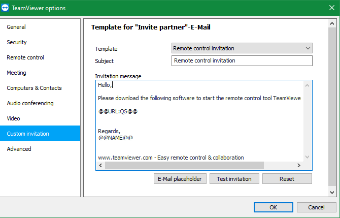 Настройки приглашения в TeamViewer