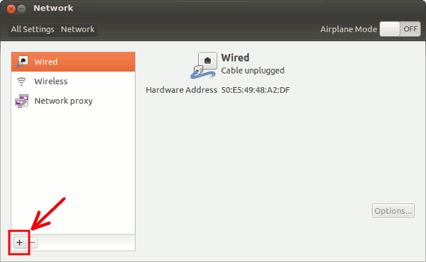 Кнопка добавления нового сетевого подключения в окне Сеть