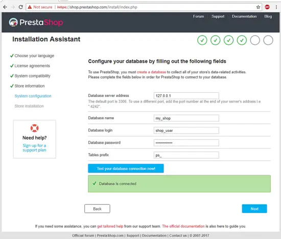 Указание данных базы данных