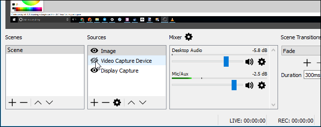 Список источников с иконкой «глаз» для скрытия