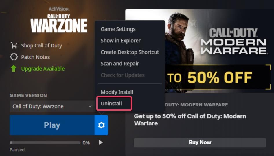 The Uninstall option 