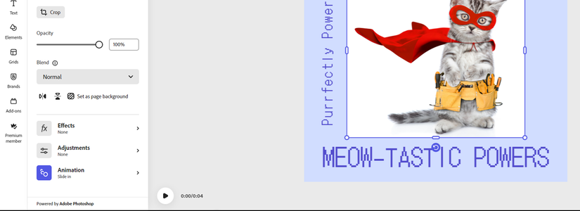 Нахождение функции «Анимация» в Adobe Express