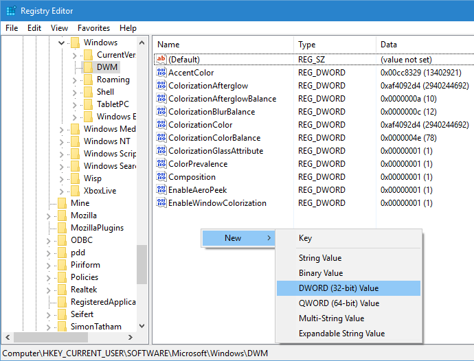 Создание нового DWORD в редакторе реестра