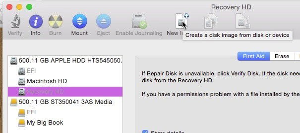 Recovery HDパーティションを選択してディスクイメージを作成する画面