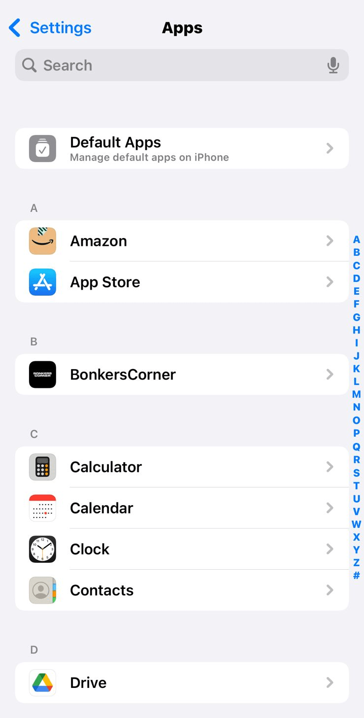 Секция Приложения в Настройках