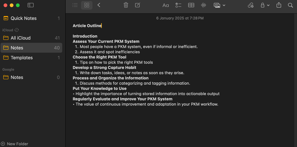 Контур статьи в приложении Заметки