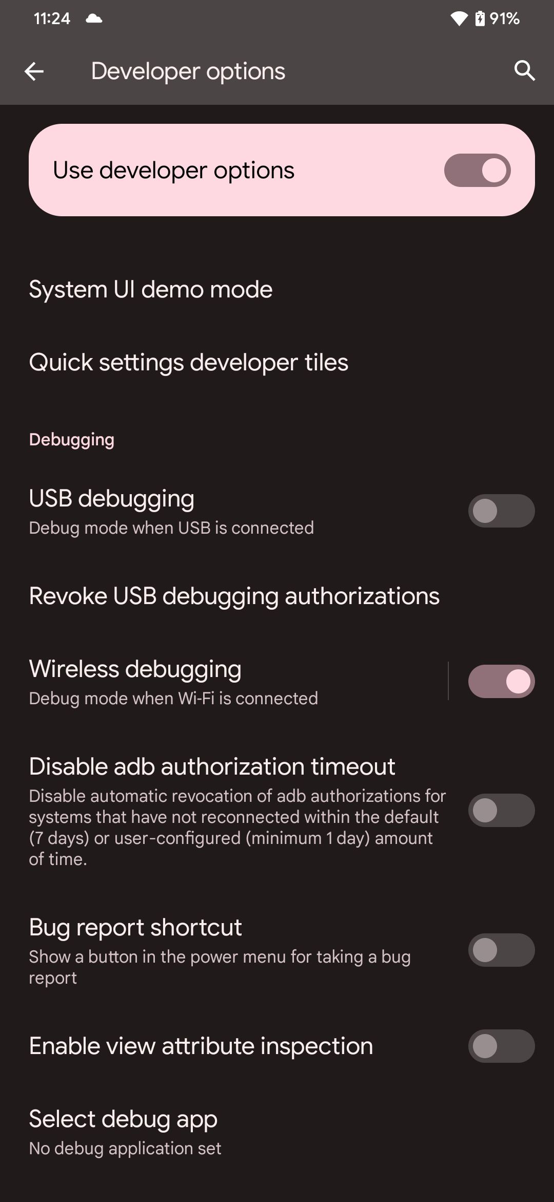 android developer settings debugging section