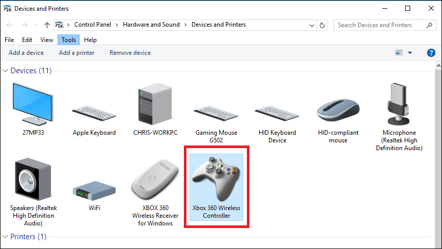 Скриншот списка устройств в Устройствах и принтерах с выделенным контроллером