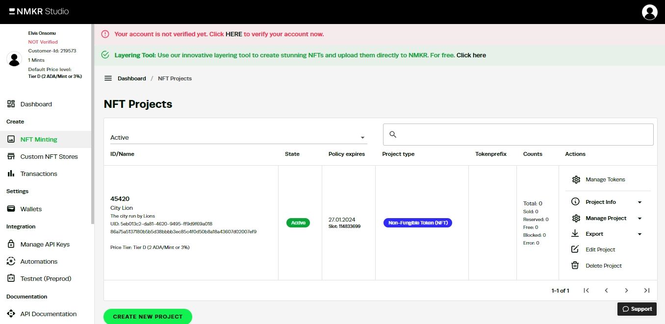 Скриншот NMKR: управление токенами проекта