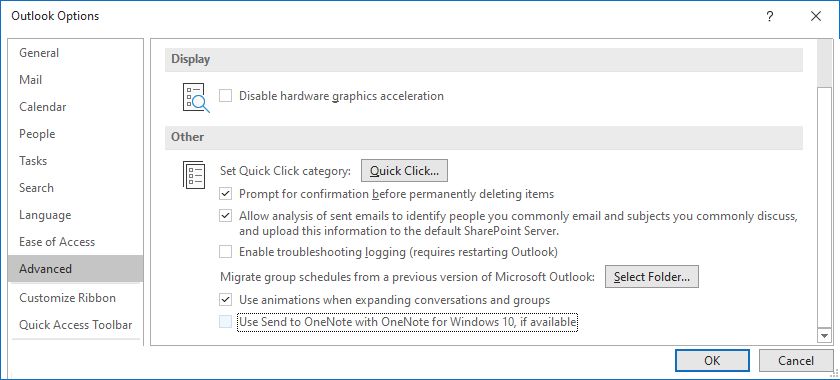 Параметры Outlook: опция использования Send to OneNote