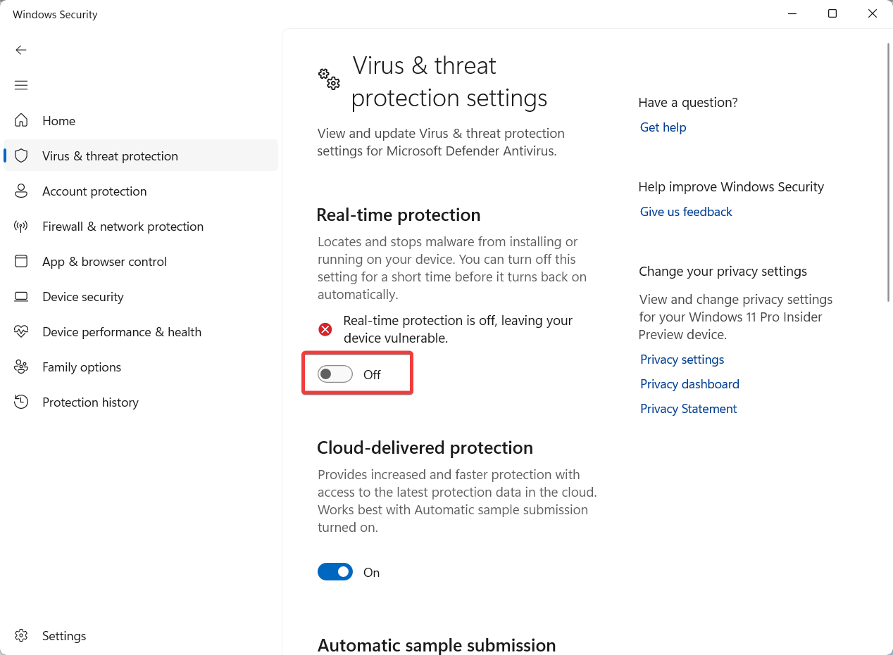 Отключить защиту в реальном времени