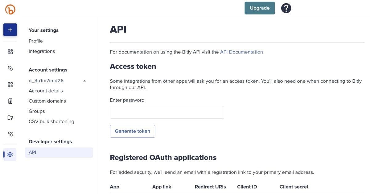 Bitly developer API settings