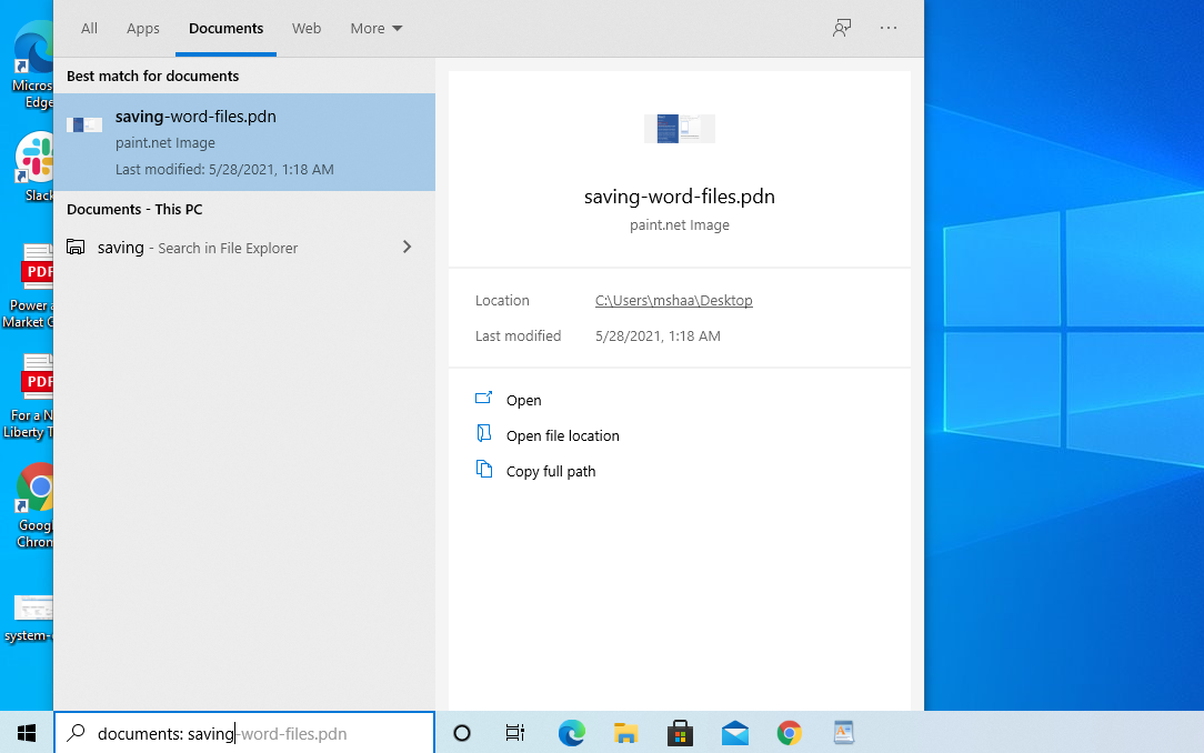 поиск документов через Кортану и раздел «Документы»