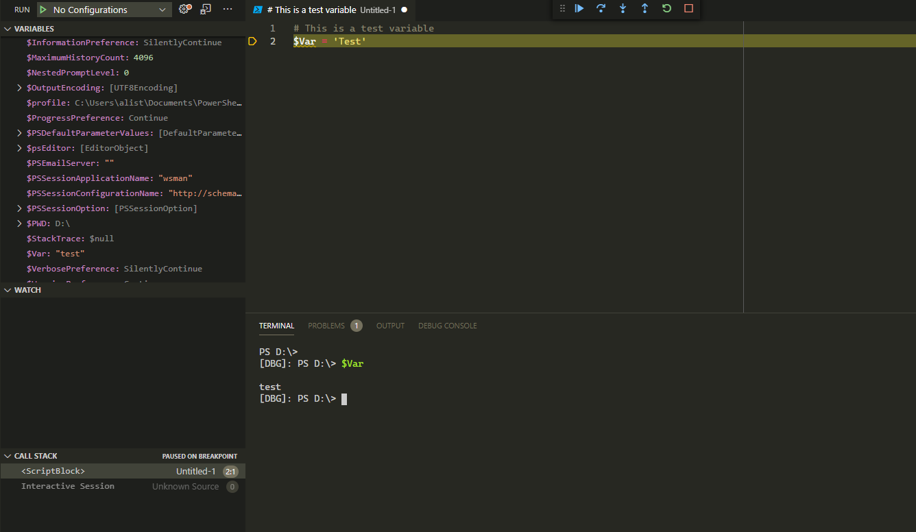 Панель отладки VS Code с переменными