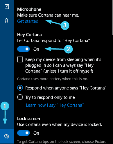 Настройки Cortana: включение функции