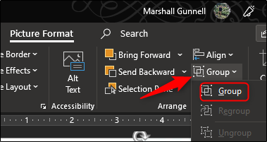 Кнопка Группировать в панели Формат рисунка