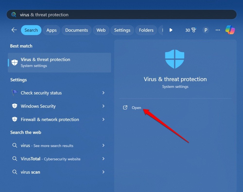 Windows-Sicherheit: Viren- und Bedrohungsschutz öffnen