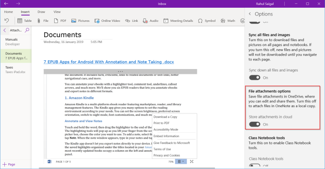 cloud attachment in onenote for windows 10