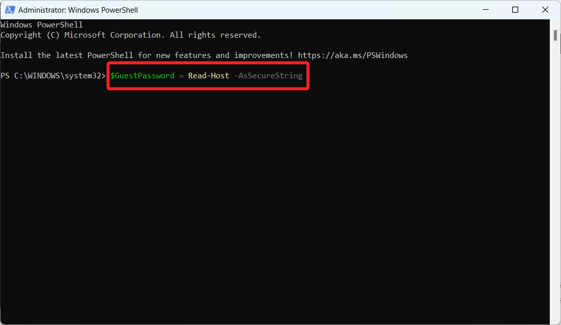 Присвойте пароль гостевой учётной записи в PowerShell