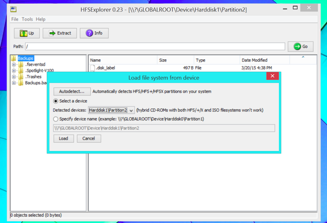 Окно HFSExplorer с древом каталогов Time Machine