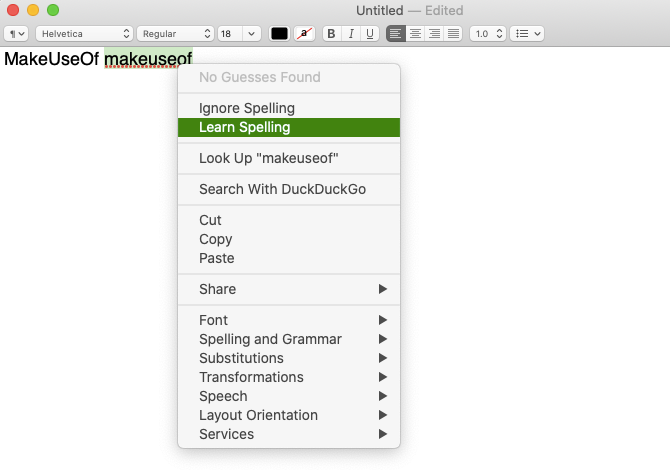 Learn Spelling menu item in TextEdit on macOS