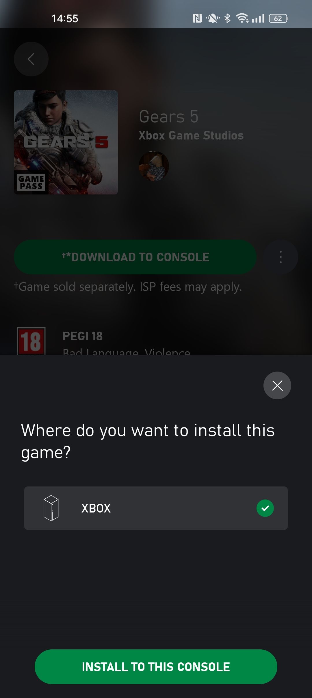 Скриншот приложения Xbox с выбором консоли для удалённой установки игры