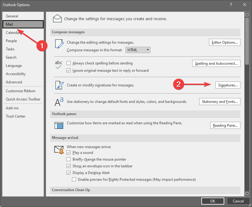Раздел «Почта» и кнопка «Подписи» в параметрах Outlook