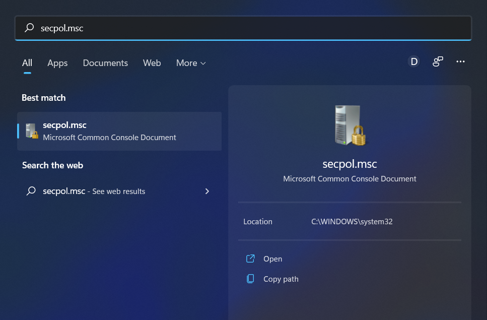 Запуск оснастки локальной политики безопасности через поиск Windows