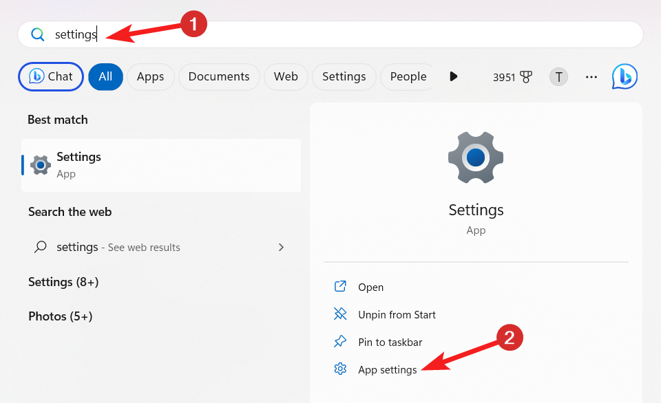 Переход к параметрам приложения 'Параметры' в Windows