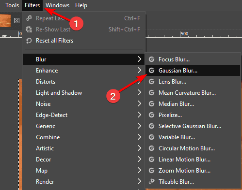 Меню фильтров: выбор Gaussian Blur (Гауссово размытие)