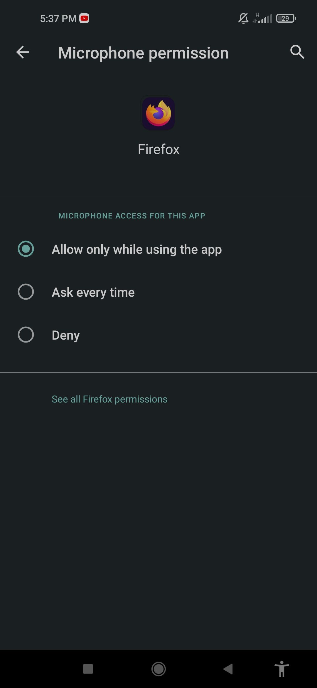 Разрешения приложения Firefox в настройках Android