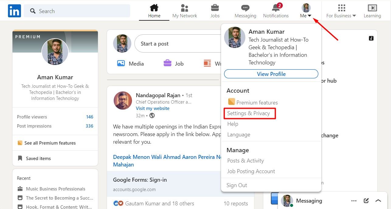 Пункт меню Настройки и конфиденциальность в LinkedIn.