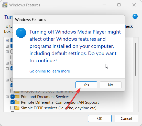 Подтверждение отключения функции Windows Media Player