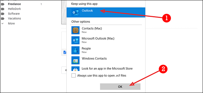 Диалог выбора программы для открытия vCard; выбрать Outlook и нажать OK